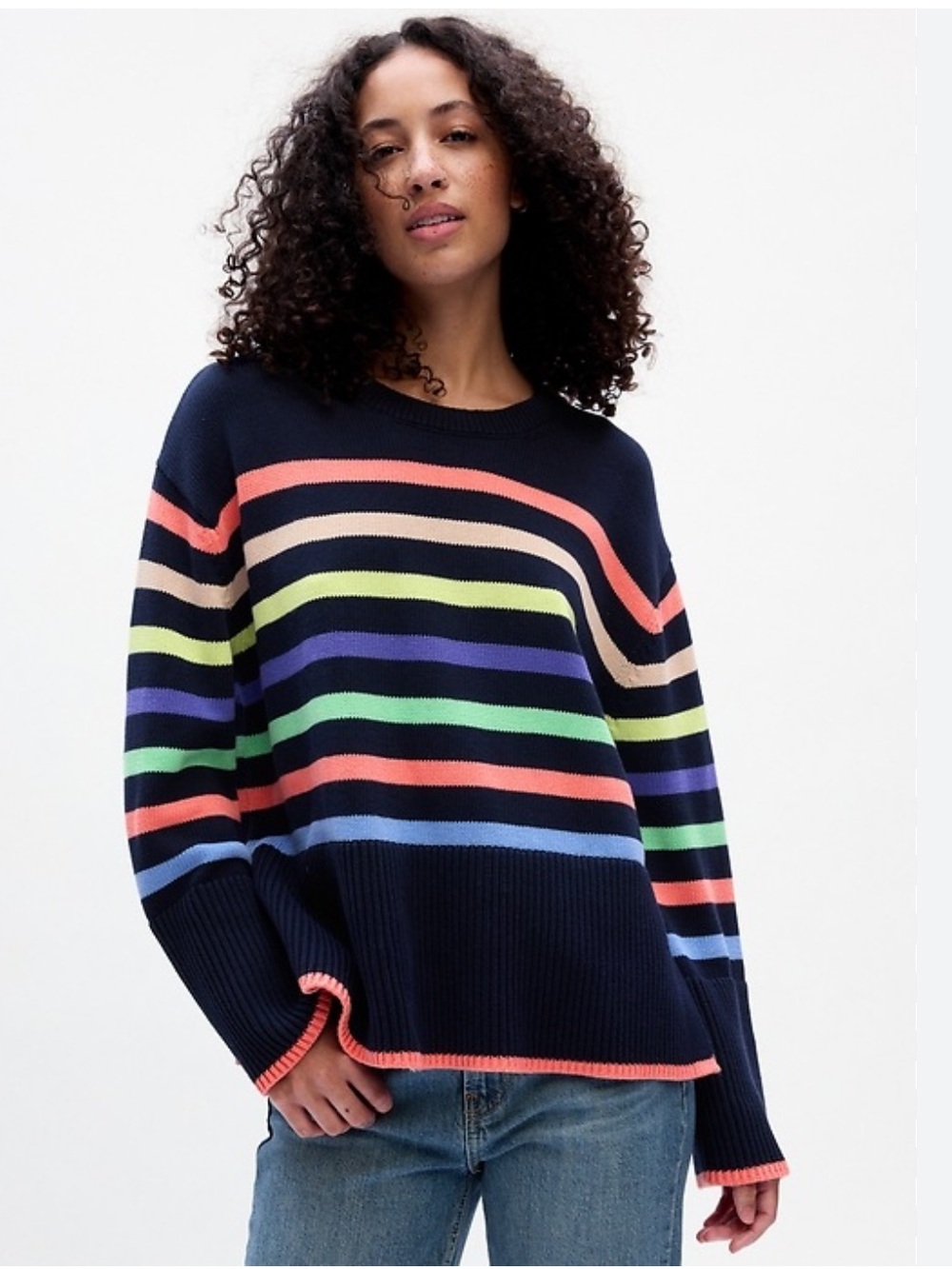 GAP Cotton Striped Split Hem Sweater Navy Large Rainbow Oversized Casual Coastal